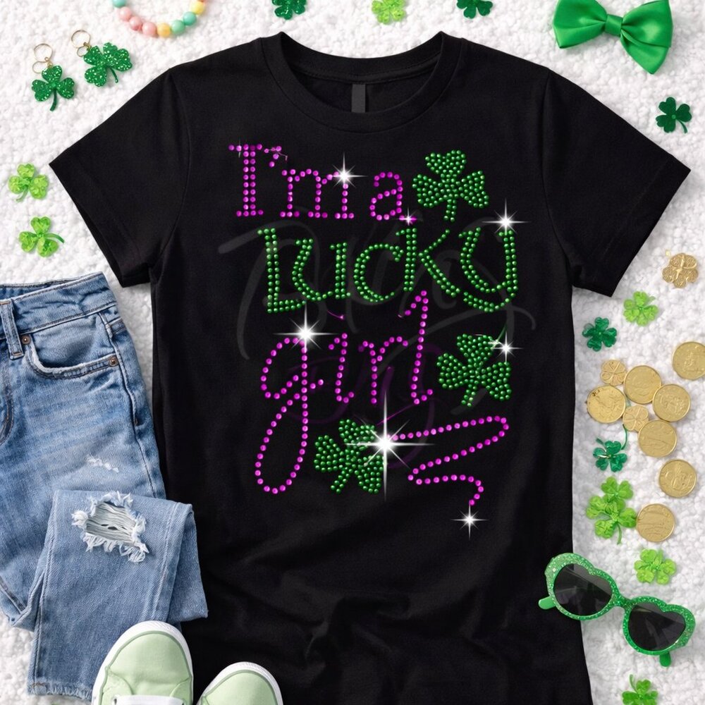 I’m a Lucky Girl Rhinestone Shirt – Women’s St. Patrick’s Day Sparkle Tee